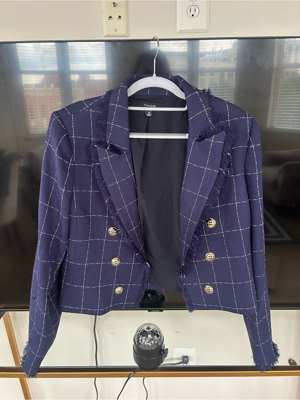 Tahari Navy Windowpane Fringe Double-Breasted Cropped Blazer